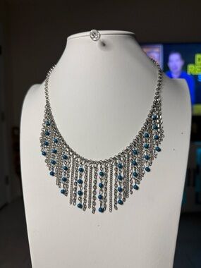 Silver Fringe Necklace with Blue Beads